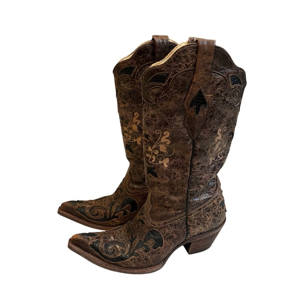 Corral Boots Brown Distressed Lizard Inlay Snip Toe style C2118, Sz 7 - Picture 6 of 16